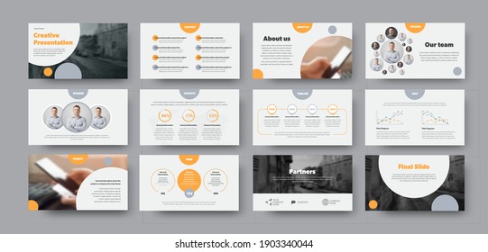 Business Slide Vector Template With Orange Circles On White Background, Booklet For Statistics, Analytics And Annual Report. Presentation Banner With Infographics, Chart And Corporate Identity.