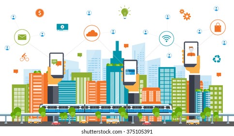business smart city concept .business communication.city life.Capital.downtown.electric train. transportation. color full building.
