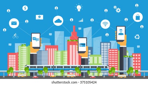 Business Smart City Concept .business Communication.city Life.Capital.downtown.electric Train. Transportation. Color Full Building.