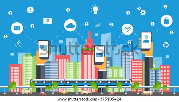 business smart city concept .business\
communication.city life.Capital.downtown.electric train.\
transportation. color full\
building.