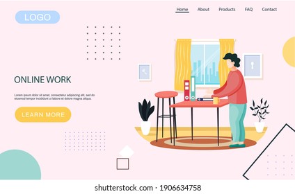 Business smart working, online work any workplace landing page template with man standing at table with documents in folders. Male character freelancer lawyer carries out project remotely from home