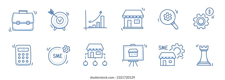 Business sme doodle icon set. Small, medium enterprise business hand drawn doodle sketch style icon. Local partnership, economic strategy, franchise concept. Vector illustration.