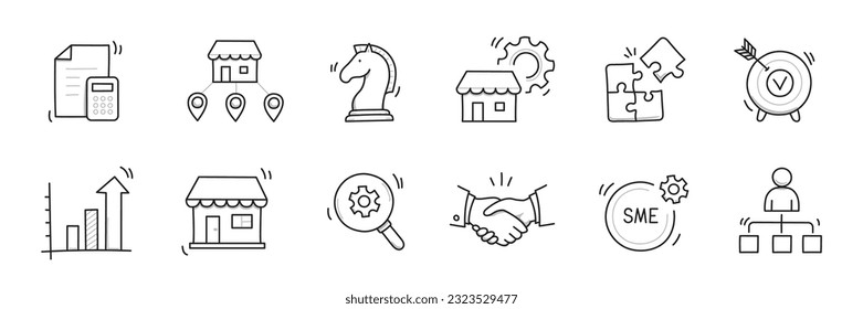 Business sme doodle icon set. Small, medium enterprise business hand drawn doodle sketch style icon. Local partnership, economic strategy, franchise concept. Vector illustration.