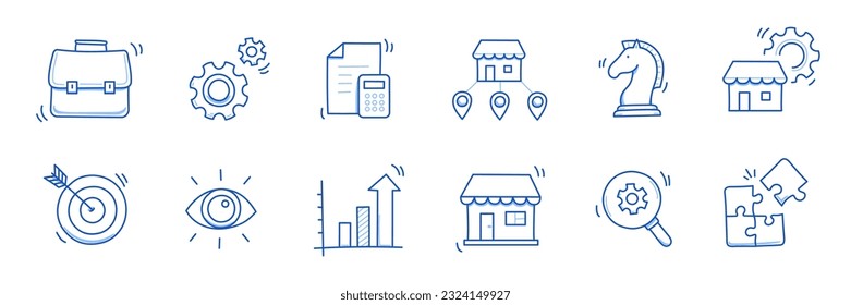 Business sme doodle icon set. Small, medium enterprise business hand drawn doodle sketch style icon. Local partnership, economic strategy, franchise concept. Vector illustration.