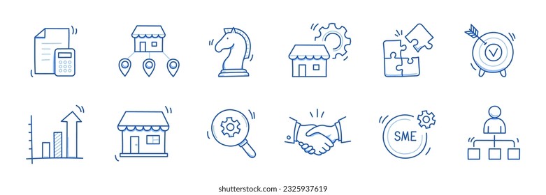 Business sme doodle icon set. Small, medium enterprise business hand drawn doodle sketch style icon. Local partnership, economic strategy, franchise concept. Vector illustration.