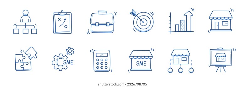 Business sme doodle icon set. Small, medium enterprise business hand drawn doodle sketch style icon. Local partnership, economic strategy, franchise concept. Vector illustration.