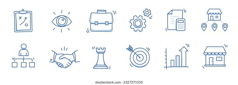 Juego de iconos de un doodle para empresas. Icono de estilo de boceto dibujado a mano por pequeñas y medianas empresas. Asociación local, estrategia económica, concepto de franquicia. Ilustración vectorial.