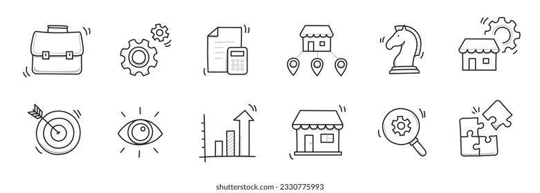 Business-Icon-Set. Kleine, mittelständische Unternehmen handgezeichnet doodle Sketch Stil Symbol. Örtliche Partnerschaft, Wirtschaftsstrategie, Franchise-Konzept. Vektorgrafik.