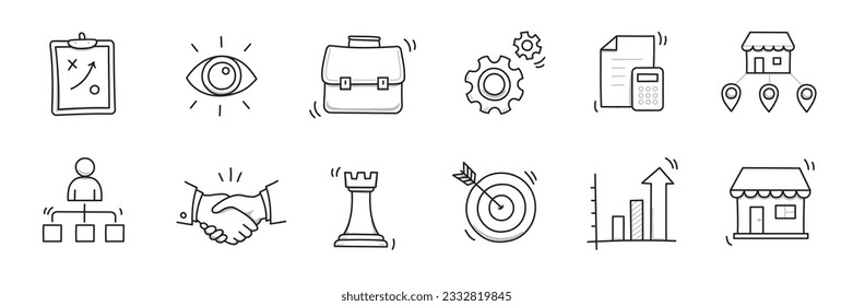 Juego de iconos de un doodle para empresas. Icono de estilo de boceto dibujado a mano por pequeñas y medianas empresas. Asociación local, estrategia económica, concepto de franquicia. Ilustración vectorial.