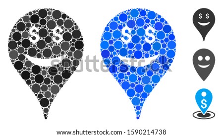 Business smiley map marker mosaic of round dots in variable sizes and color tints, based on business smiley map marker icon. Vector round dots are combined into blue collage.