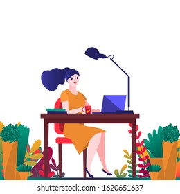 Business smiling young woman sitting on a chair at the table, on it books and potted plants. Remote laptop work in the home office.  Greenery in workspaces concept design vector illustration, cartoon