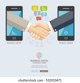 Business social connection technology conceptual design. Mobile and business handshake agreement through display of a smart phone. Vector illustrations.