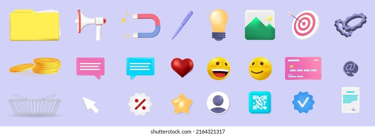 Business and social media 3D icons. Promotion and development of the project with 3D icons. Set objects for App, Web, social network. Emoji, loudspeaker, target, magnet, folder and other. Vector set