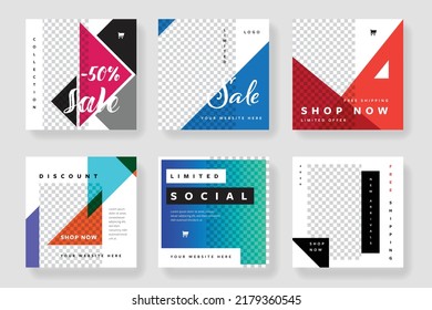 Business social media layout set, instagram and facebook templates, elegant graphic banners, minimalist square posts, editable design for multipurpose use, universal vectors for company advertising