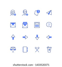Business and social media - line design style icons set. Add a friend symbol, head with question mark, paper plane, email, calculator, speech bubble, arrows, scales, notepad, scissors, rubbish bin
