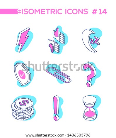 Business and social media - line design style isometric objects. Collection with blue, pink elements like and dislike, clip, question and exclamation marks, hourglass, coins, shield, lightning, night