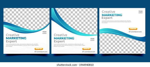 Business social media promotion banner template. White background with abstract blue shape and line. Vector design with place for the photo. Perfect for social media post, flyer, banner, and website.