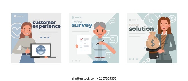 Business social media templates, customer experience, online survey and business solution concept. People character vector design presentation in various action.