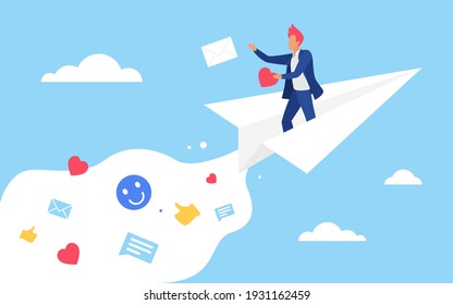 Business in social media vector illustration. Cartoon businessman character in office suit flying on paper origami plane in blue sky, dropping like letters messages and emoji emoticons background