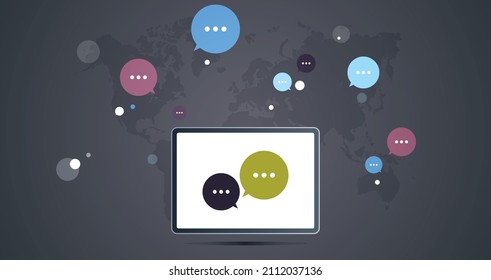 Business social network communication concept on tablet screen and chatting application world map background flat vector illustration.