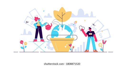 Business social responsibility vector illustration. Flat tiny ethical and honest persons concept. Symbolic corporate strategy for sustainable and fair rights organization management or CSR teamwork.