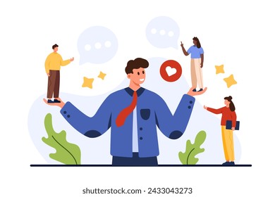 Business soft skill of active listening in negotiation. Big boss or manager holding tiny office employees, listen decisions and opinions of talking people on meeting cartoon vector illustration