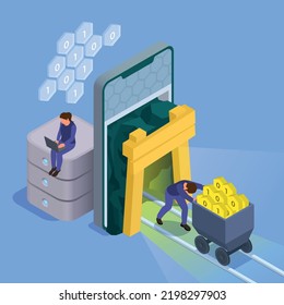 Software empresarial de fondo abstracto que representa la computación en nube y las tecnologías de minería de datos ilustración vectorial isométrica