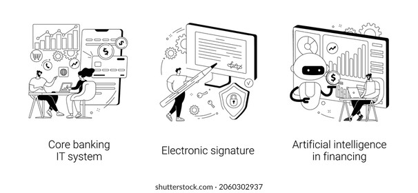 Business software abstract concept vector illustration set. Core banking IT system, electronic signature, artificial intelligence in financing, identification and encryption abstract metaphor.