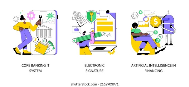 Business Software Abstract Concept Vector Illustration Set. Core Banking IT System, Electronic Signature, Artificial Intelligence In Financing, Identification And Encryption Abstract Metaphor.