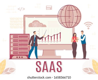 Business Software and Cloud Service Presentation. Man Offering New Innovative Program Hardware Platform Mobile Interface for Worldwide Management. SaaS Communication Technology. Vector Illustration