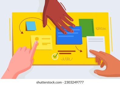 Business software development team planning work together. Scrum methodology tasks board full of tasks on sticky note cards. Hands stick and write on the board. Vector illustration.