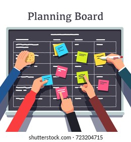 Business software development team planning iterations together. Scrum methodology task board full of tasks on sticky note cards. Hands sticking & writing on blackboard. Flat vector illustration.