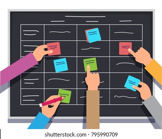 Business software development team planning iterations. Scrum methodology task board full of tasks on sticky note cards.