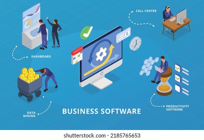 Business Software Infographics Background Depicting Call Center Productivity Software Data Mining Dashboard Isometric Icons Vector Illustration