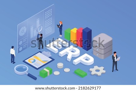 Business software isometric background illustrated employees engaged in enterprise resource planning vector illustration
