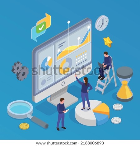 Business software isometric composition with people working on development and management of enterprise vector illustration