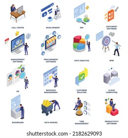 Business Software Isometric Set Of Call Center Development Customer Relation Data Mining Procurement Dashboard Isolated Icons Vector Illustration