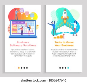Business software solution vector, people working on startup, launching of rocket into space, businessmen and workers, monitor with data and info. Website or slider app, landing page flat style
