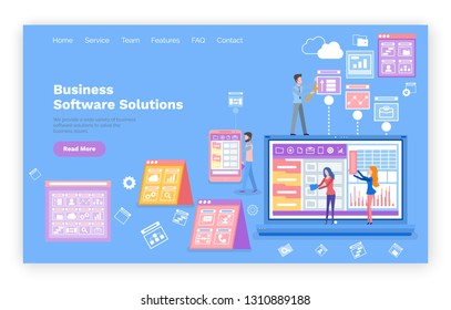 Business software solution vector, website or webpage template, landing page flat style. Laptop with information, graphics and infocharts, workers