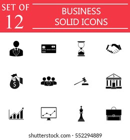 Business solid icon pictograms package, finance and managment symbols collection, marketing vector sketches, logo illustrations, filled icons isolated on white background, eps 10.