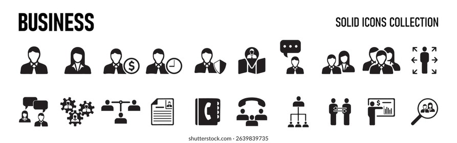 Business  solid icon set. Contain human resources, money movement, development, business process, growth and more. Vector illustration