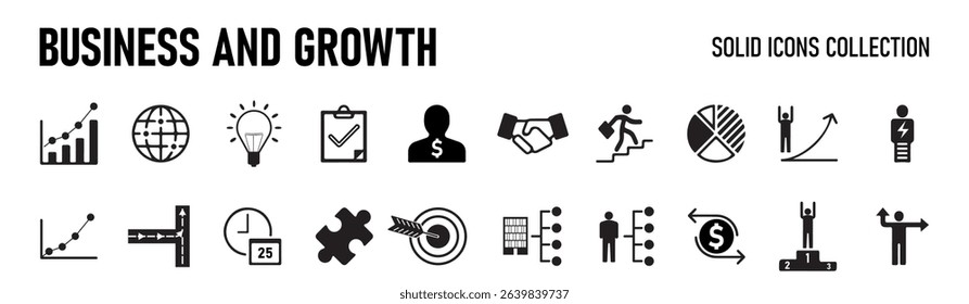 Business  solid icon set. Contain human resources, money movement, development, business process, growth and more. Vector illustration