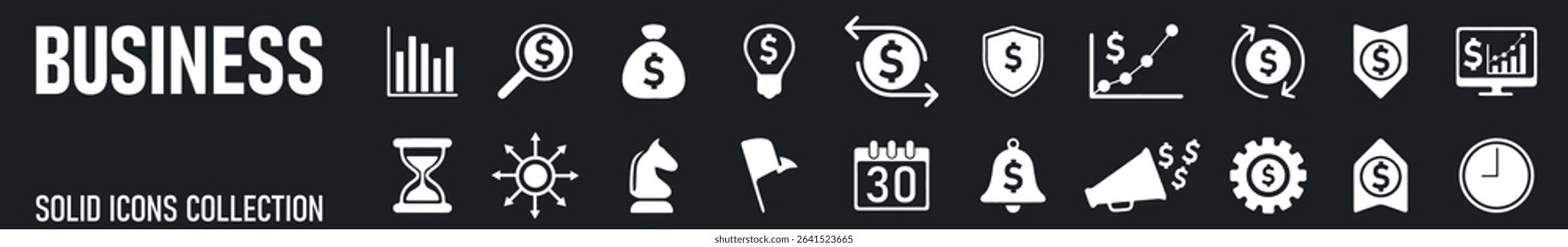 Business  solid icon set. Contain human resources, money movement, development, business process, growth and more. Vector illustration