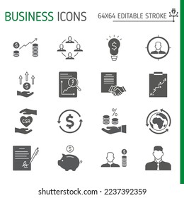 Conjunto de iconos sólidos de negocios, colección de vectores de finanzas, ilustraciones de logotipo, iconos de vectores de negocio, paquete de pictogramas de estilo de glifo, iconos de trazo editables.