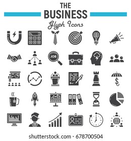 Business solid icon set, finance symbols collection, office vector sketches, logo illustrations, seo glyph pictograms package isolated on white background, eps 10.