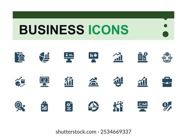 Business solid icon set. Includes finance, business strategy, financial, business, investment and more. Minimalist thin filled icon. Editable vector illustration.