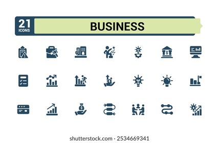 Conjunto de iconos sólidos de negocios. Incluye finanzas, estrategia de negocios, finanzas, negocios, inversiones y más. Icono relleno delgado minimalista. Ilustración vectorial editable.