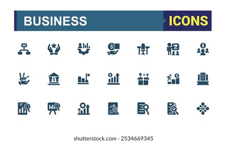 Conjunto de ícones sólidos de negócios. Inclui finanças, estratégia de negócios, financeiro, negócios, investimento e muito mais. Ícone preenchido fino minimalista. Ilustração vetorial editável.