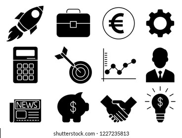 Business solid icons set in white background,rocket,briefcase,gear,calculator,target,graph,businessman,piggy bank,newspaper,handshake,light bulb,vector illustrations