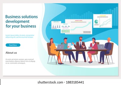 Business solitions development for company webpage template. Success way and creative innovations. Team of people sit together around the table make a business plan. Landing page management process